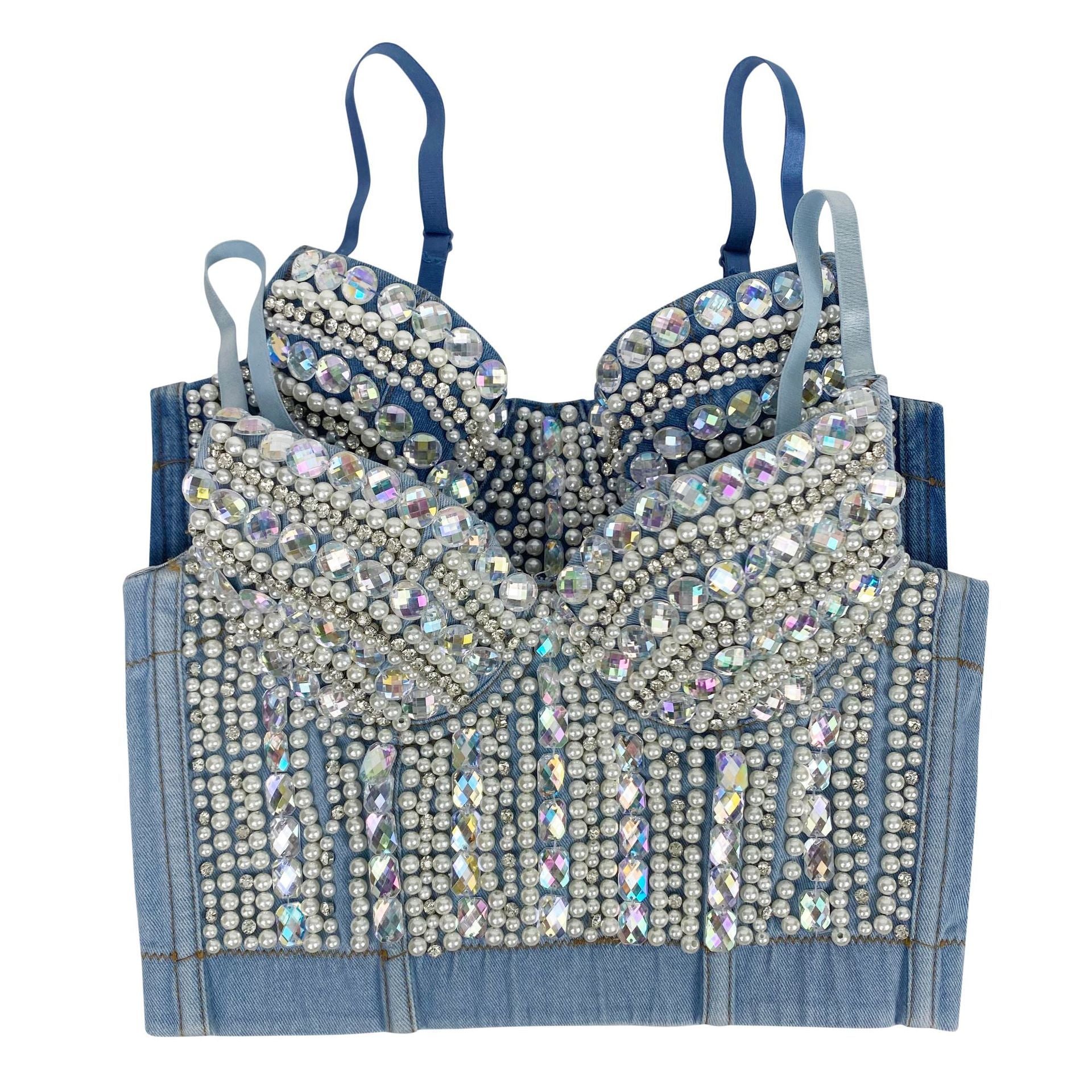 Heavy Industry Beads Diamond Shaping Breathable Fashion Denim Bra Vest