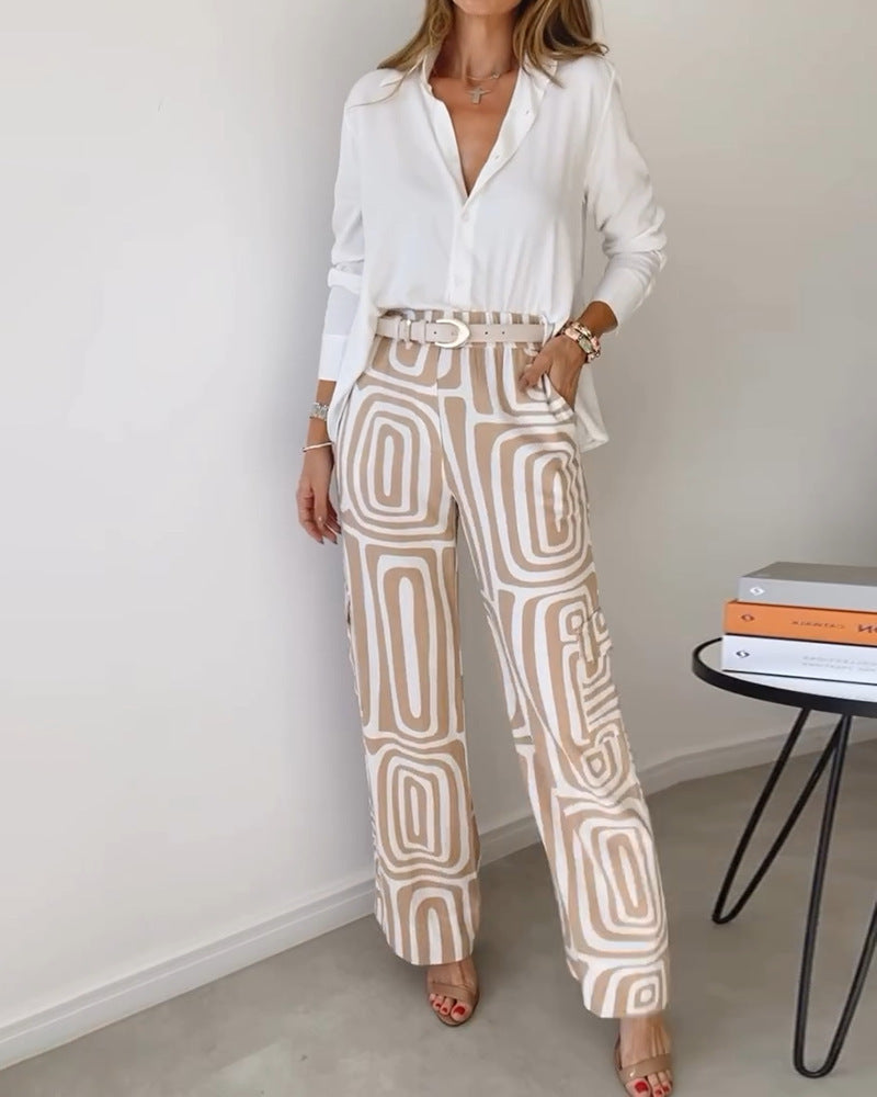 Ensemble chemise décontractée à manches longues et revers pour femme et pantalon ample imprimé