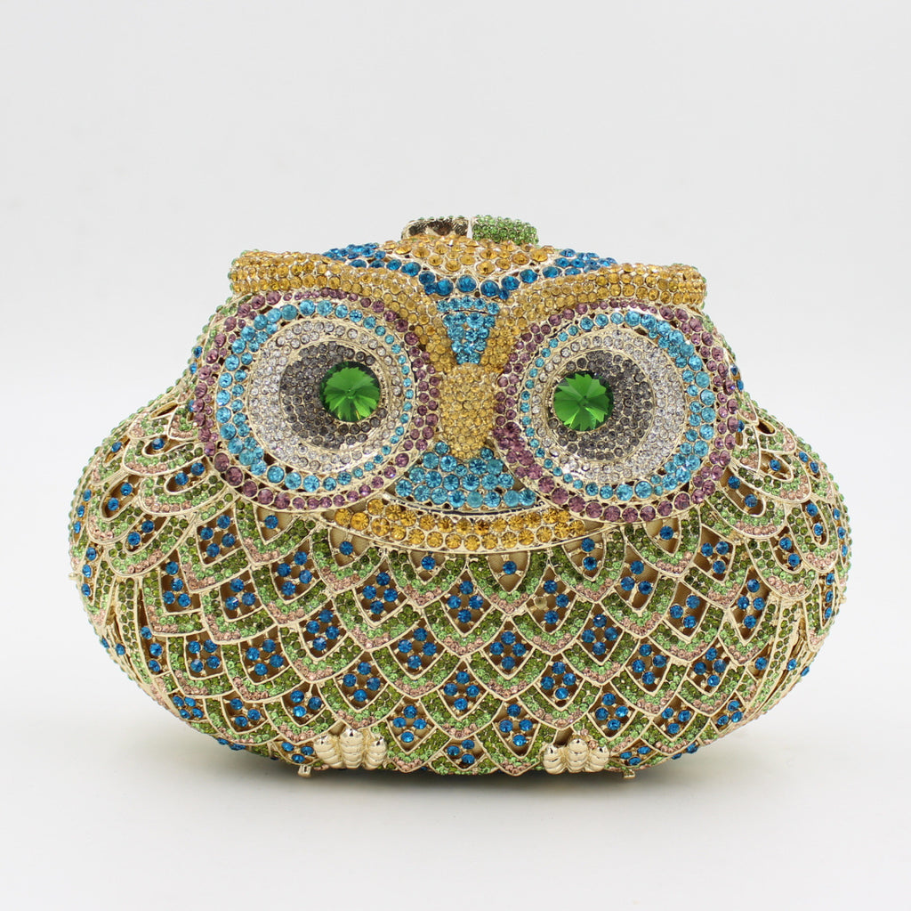 Pochette de soirée européenne et américaine pour femme en forme de hibou avec strass et diamants colorés