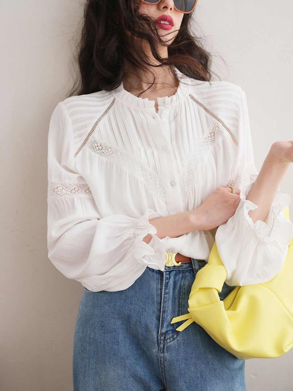 White Patchwork French Style Shirt with Lantern Sleeves