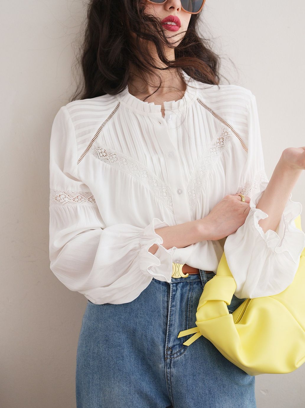 White Patchwork French Style Shirt with Lantern Sleeves