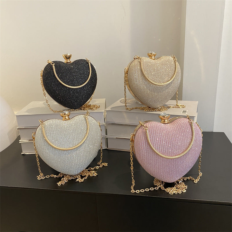 Women Bag Shiny Handbag Heart Shape Metal Clutches Bag Fashion