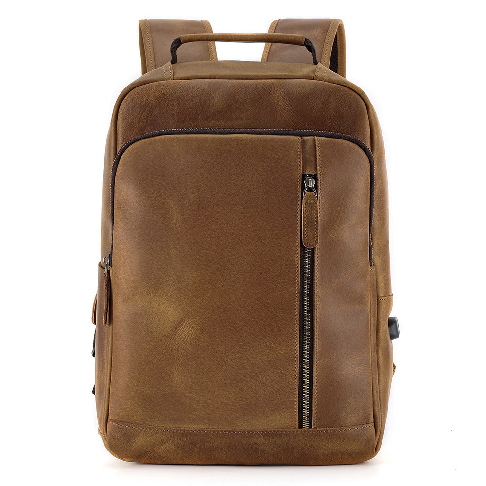 Men's Casual Large Capacity Genuine Leather Outdoor Backpack Brown