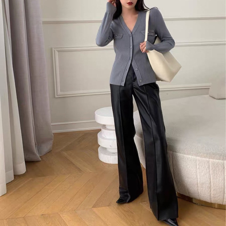 High Waist Wide Leg Casual PU Leather Pants