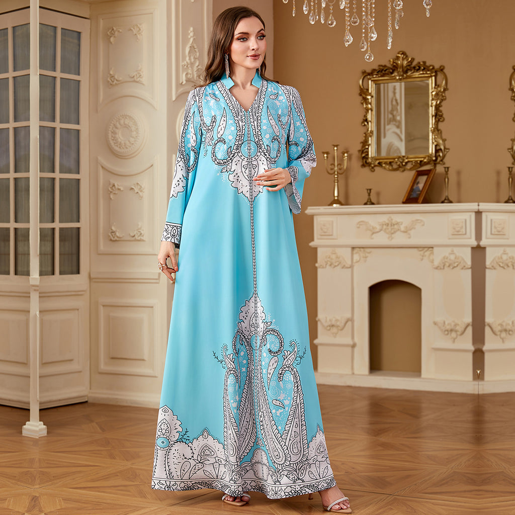 Robe longue ample imprimée en polyester à perles décontractée pour femme musulmane, tailles M-XXL