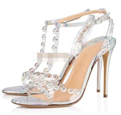 Transparent PVC Colorful Round Bead T-Strap High-Heeled Sandals