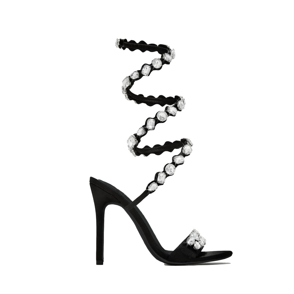 Sandales à talons aiguilles en satin noir et or avec strass, talon de 11 cm, bout carré, boucle d'été
