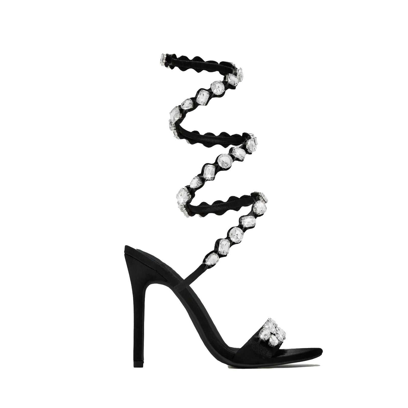 Sandales à talons aiguilles en satin noir et or avec strass, talon de 11 cm, bout carré, boucle d'été