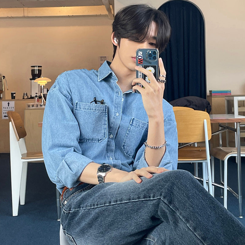 Men's Trendy Long Sleeve Denim Shirt in Black & Blue, Sizes M-XXL