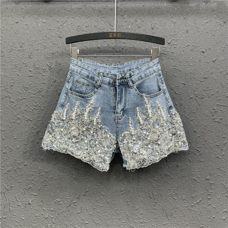 Beaded Western Style Light Blue Denim Shorts for Women
