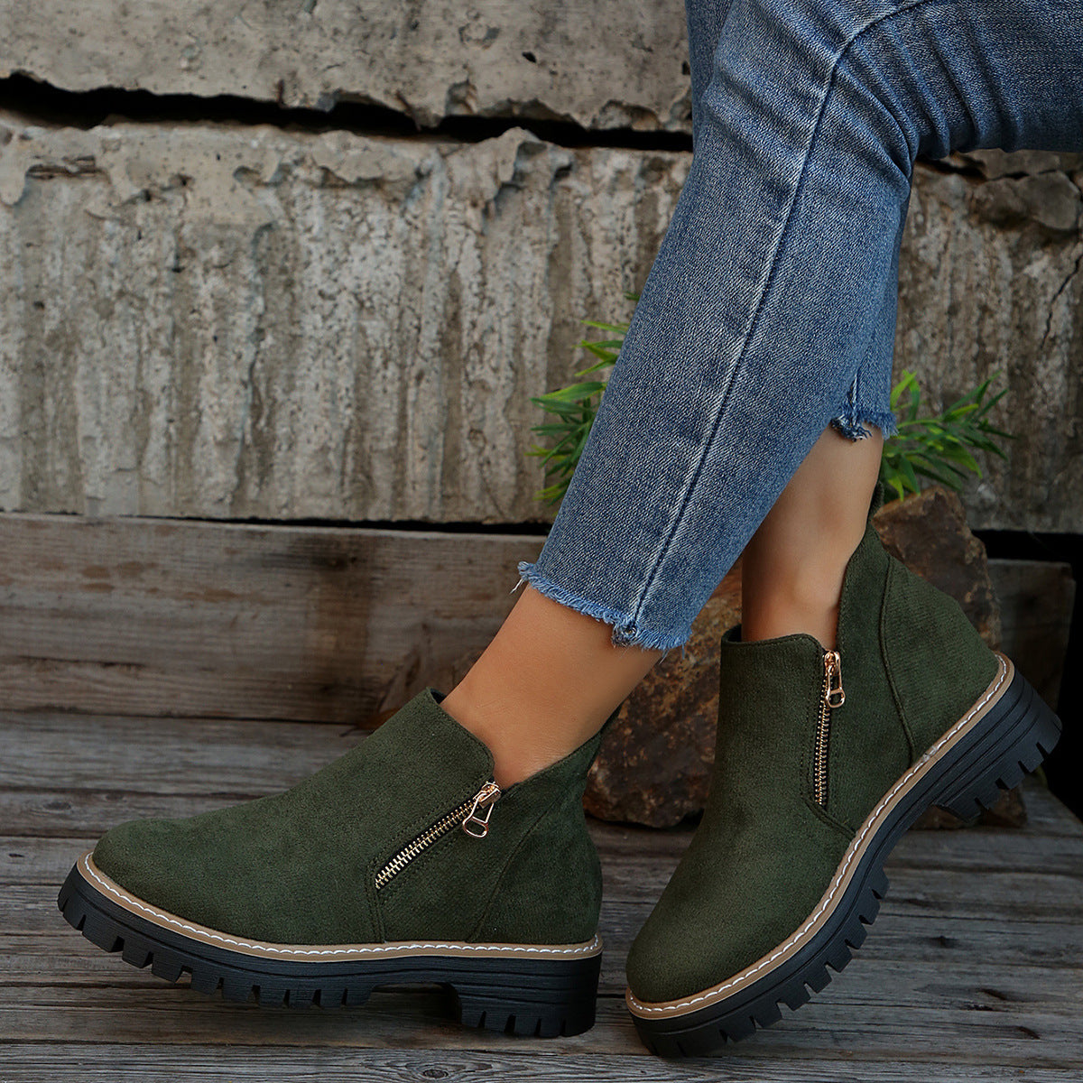 Women’s Suede Chunky Ankle Boots with Side Zipper – Autumn Winter, Mid Heel, Multiple Colors