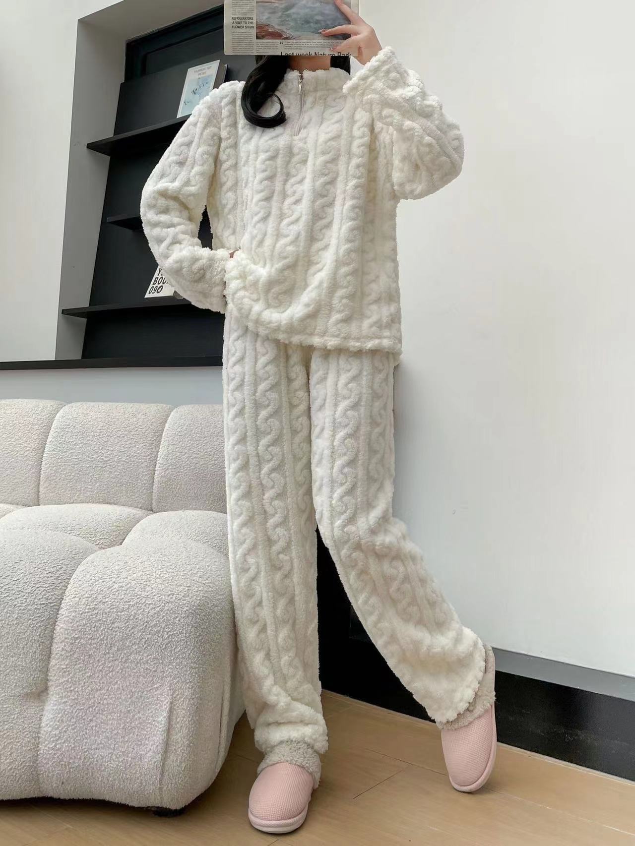 Pyjama Couple Hiver Automne en Polaire Corail Épais avec Fermeture Éclair Torsadée, Tenue d'Intérieur