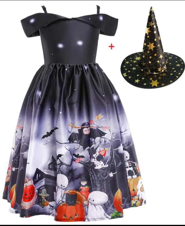 Halloween Princess Dress with Printed Mesh and Hat, Sizes 120-160cm
