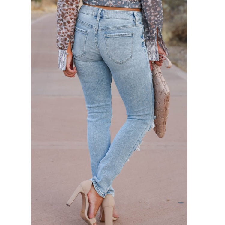 Women's Light Cotton Skinny Pants with Holes Mid Waist