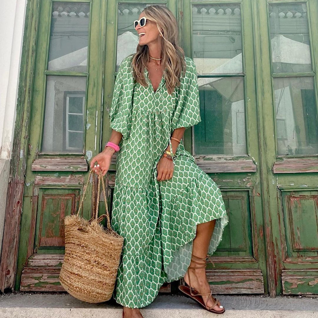 Summer Women's Vintage Bohemian Printed V-Neck Loose Long Dress Polyester