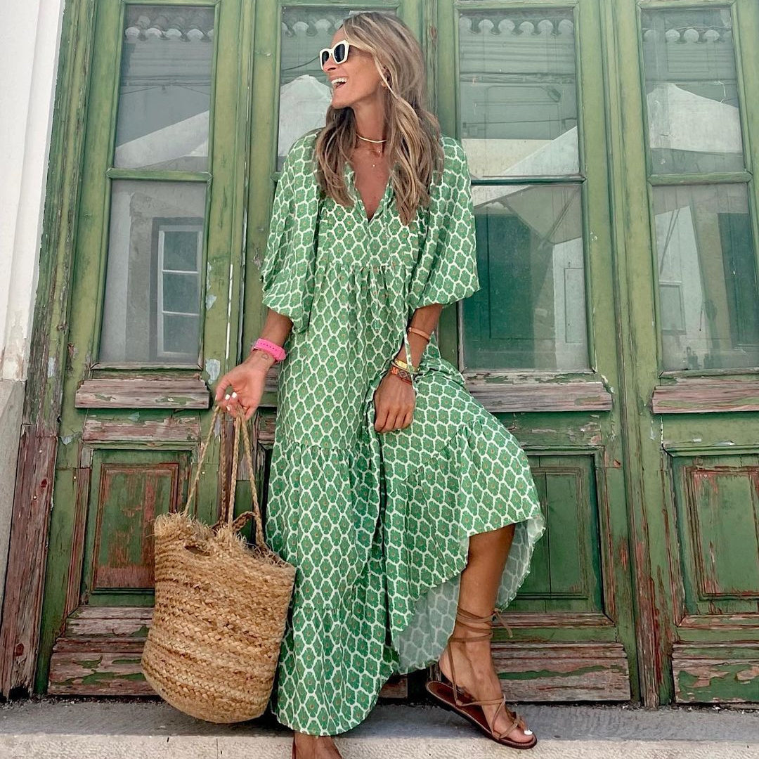 Summer Women's Vintage Bohemian Printed V-Neck Loose Long Dress Polyester