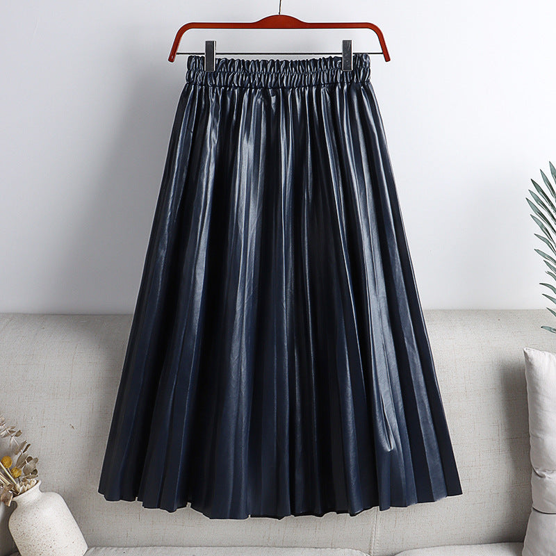 High Waist Mid-Length PU Leather Pleated Skirt for Women Solid Color