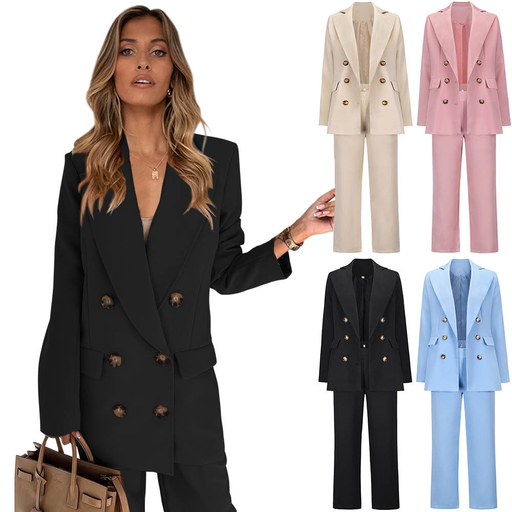 British Style Double-Breasted Straight Trousers Professional Ladies Suit