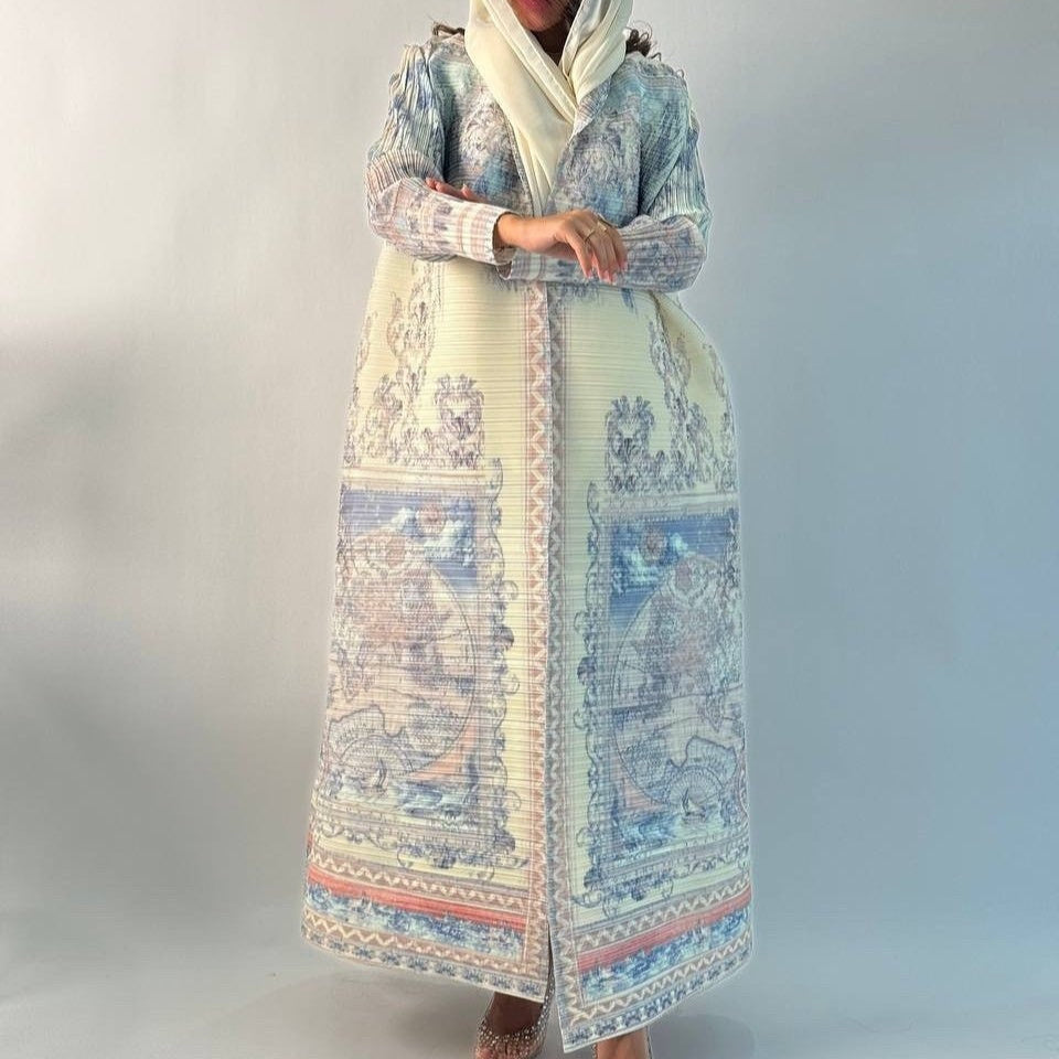 Pleated Trench Djellaba Printed Shawl Cardigan Ethnic Cloak Coat for Middle East Women