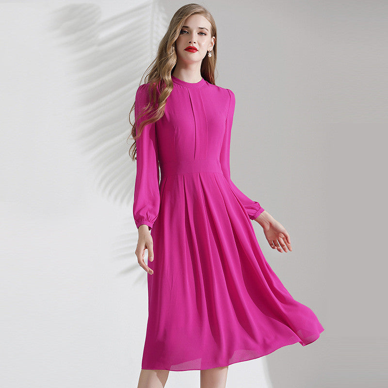 Elegant Women's Rose Long-sleeved French Chiffon Dress