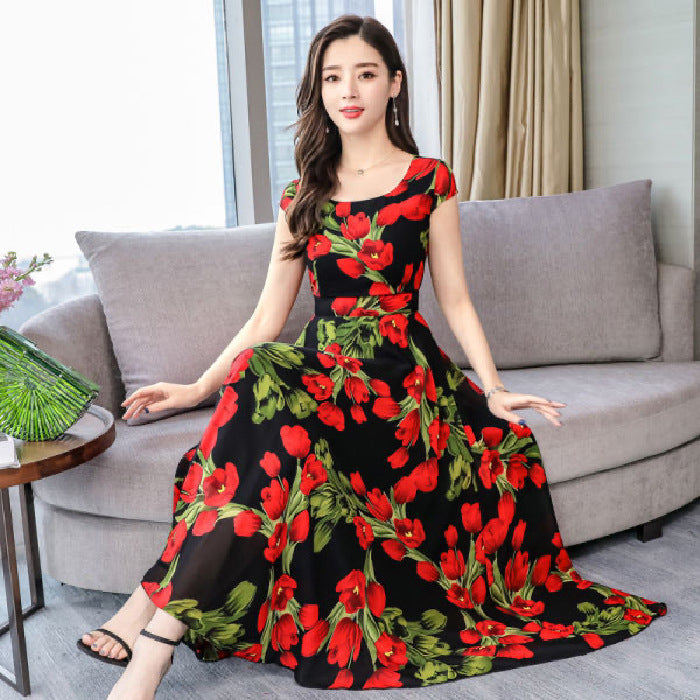 Bohemian Big Swing Long Skirt Dress with Round Neck and Short Sleeves