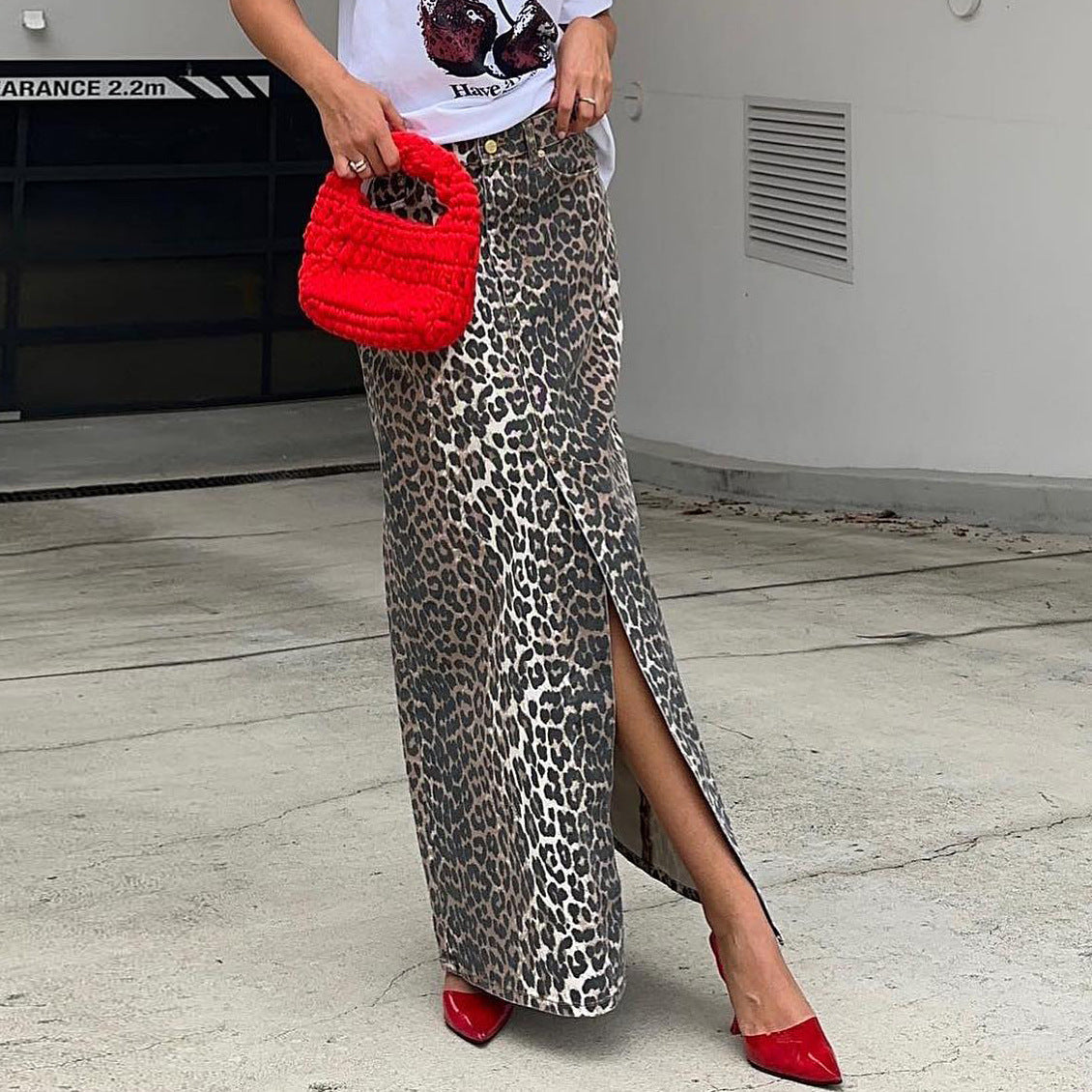 Commute Style Cotton Leopard Print Straight Ankle Skirt