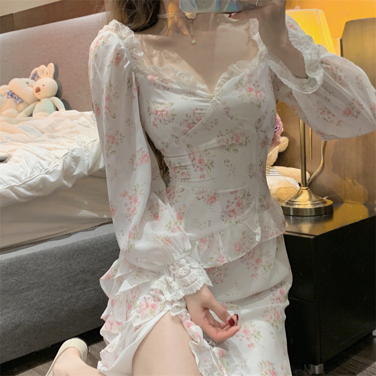 French Chiffon Floral High Waist Slim Ruffle Midi Dress