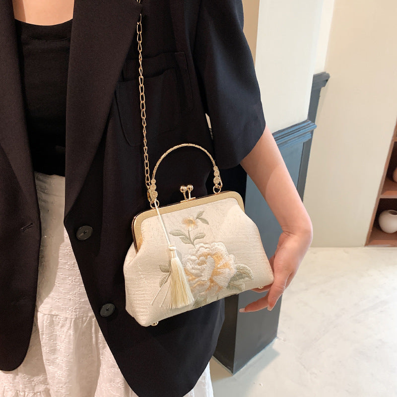 Embroidered Silk Crossbody Bag for Women – White & Blue, 23x15x8cm