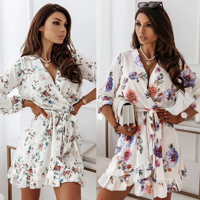 Robe trapèze asymétrique imprimée et volantée pour femme
