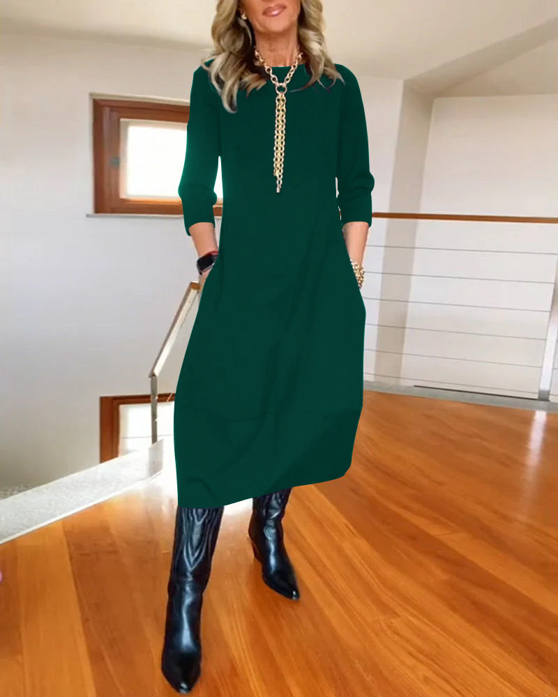 Robe unie ample à col rond et manches longues pour femme – Collection automne-hiver