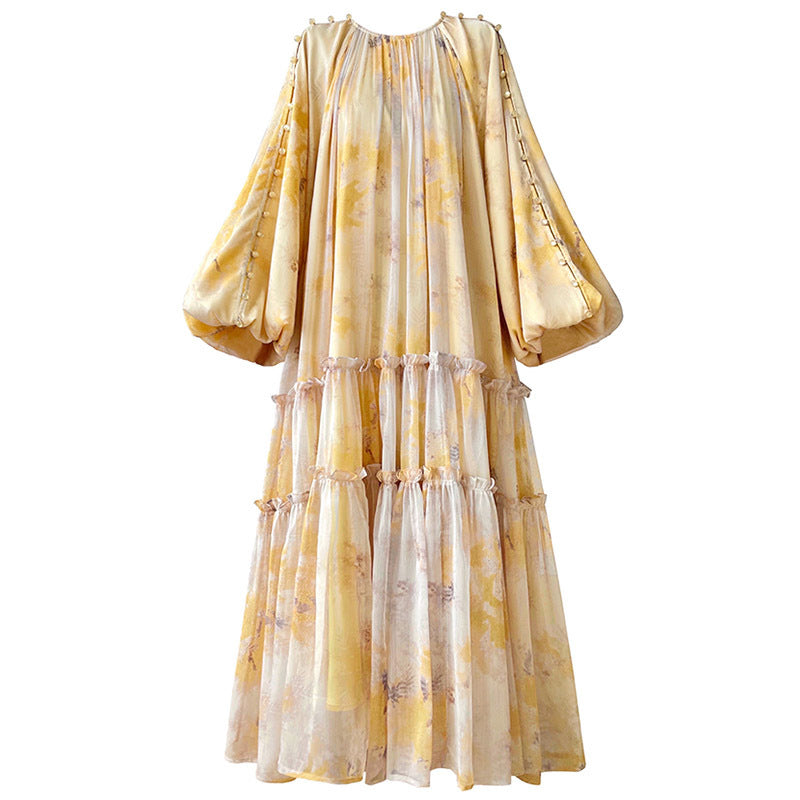 Premium Heavyweight Ink Print Puffy Hem Dress with Lacing, One Size