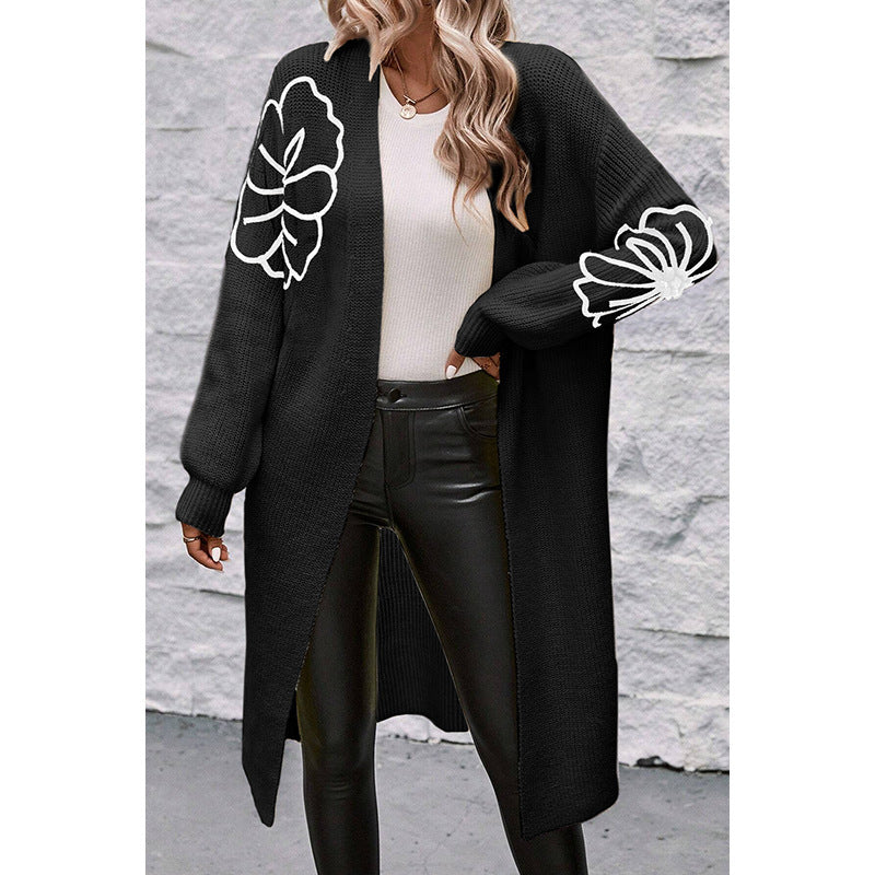 Women's Medium-Length Flower Embroidered Cardigan Sweater