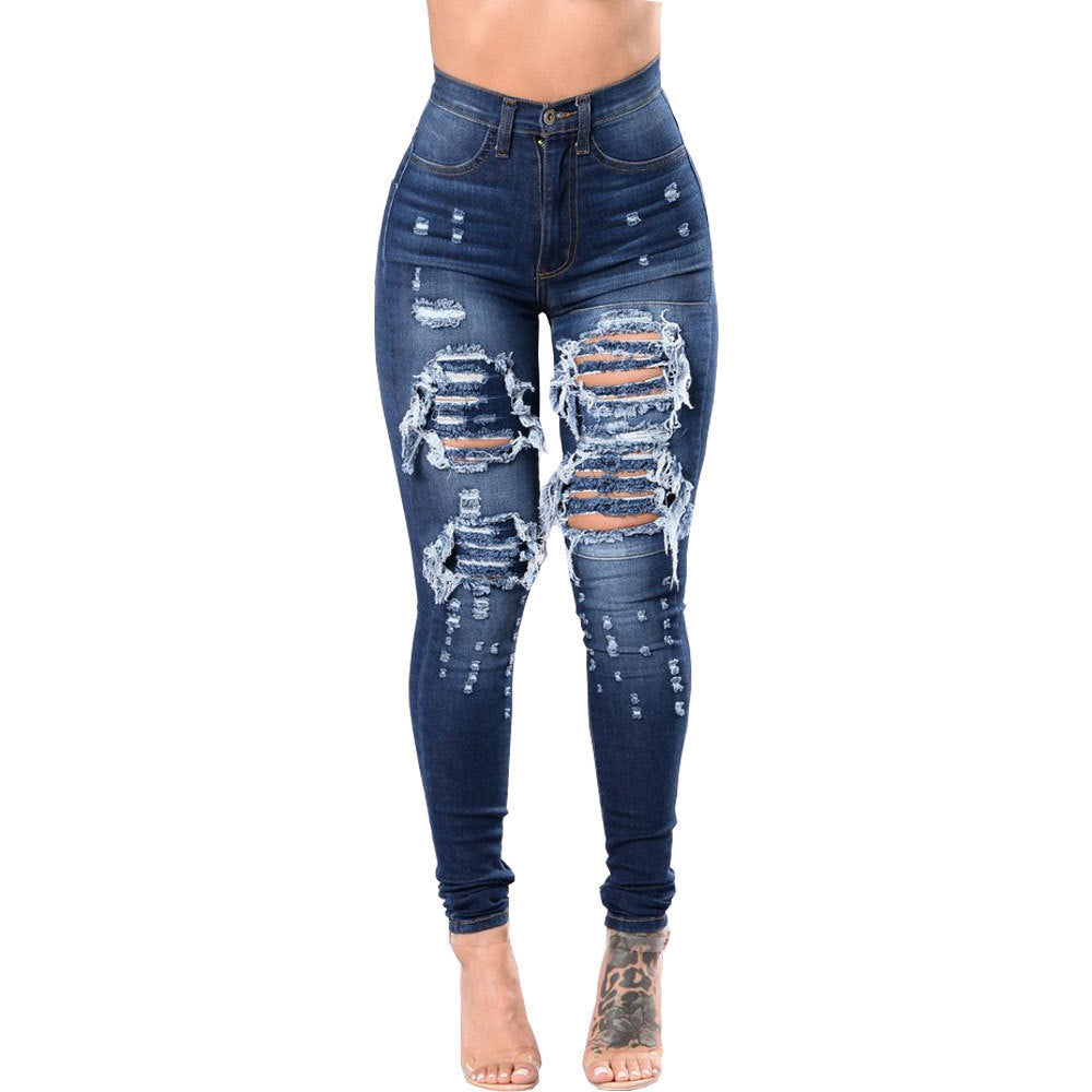 Pantalon en jean bleu délavé déchiré pour femme