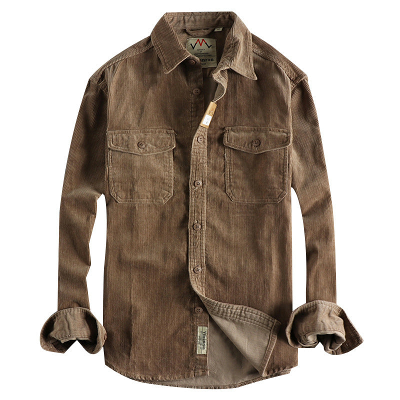 Retro Washed Wool Corduroy Long-Sleeve Shirt for Men in Multiple Colors