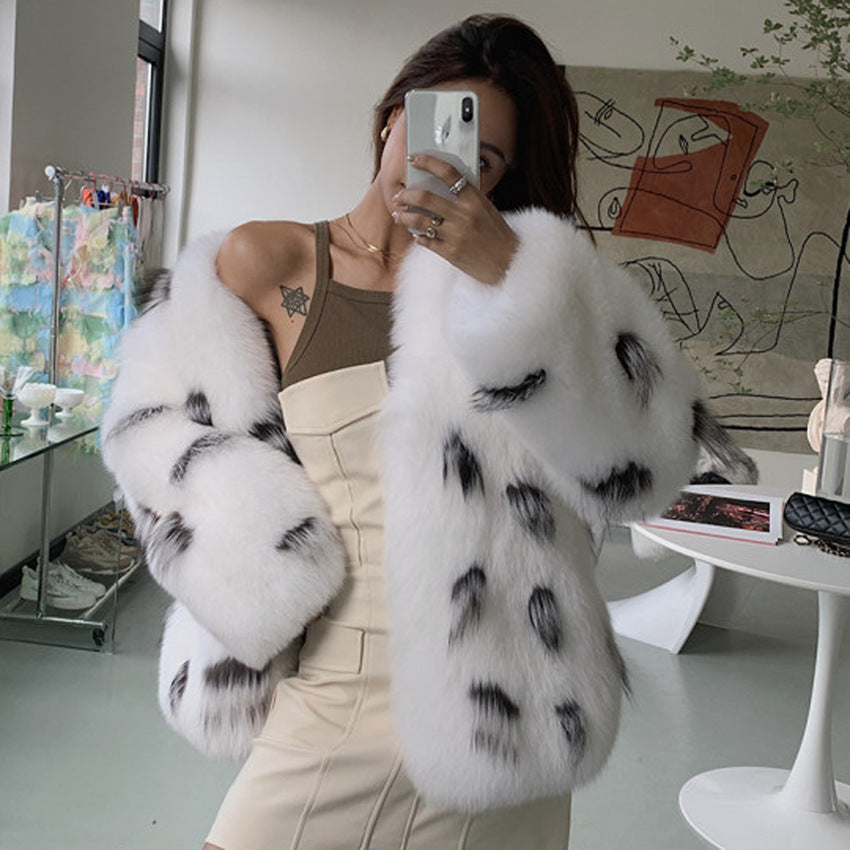 Women's Plus Size Korean-Style Slim-Fit Faux Raccoon Fur Coat Black & White