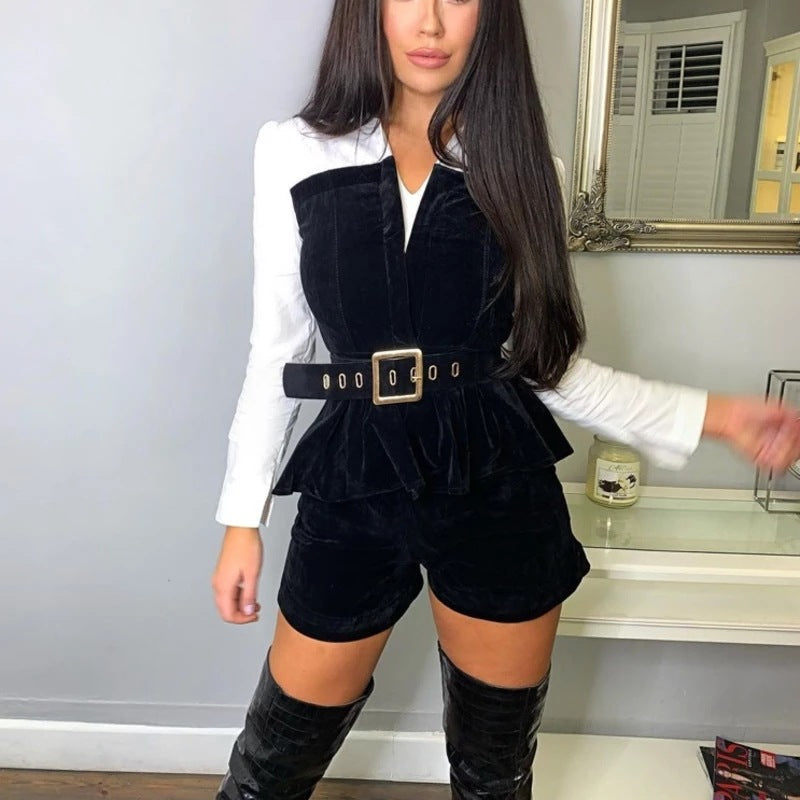 Ensemble deux-pièces pantalon large en velours avec surpiqûres contrastantes