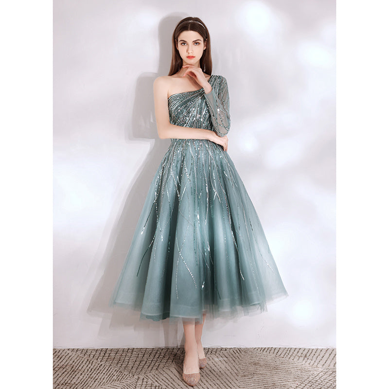 Champagne Long Sleeve U-Neck Luxury Beaded Ladies Dress