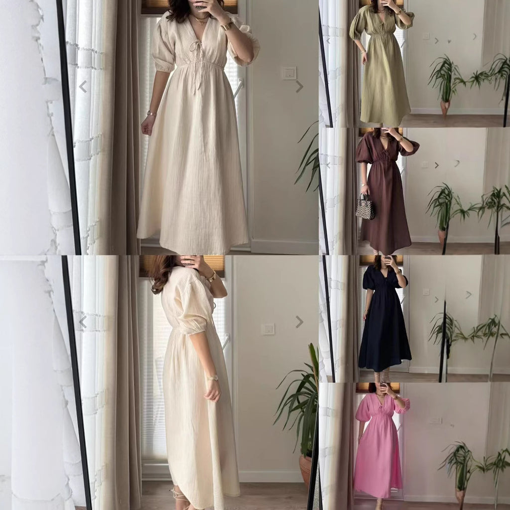Women's Sweet V-Neck Puff Sleeve Short Dress in Multiple Colors