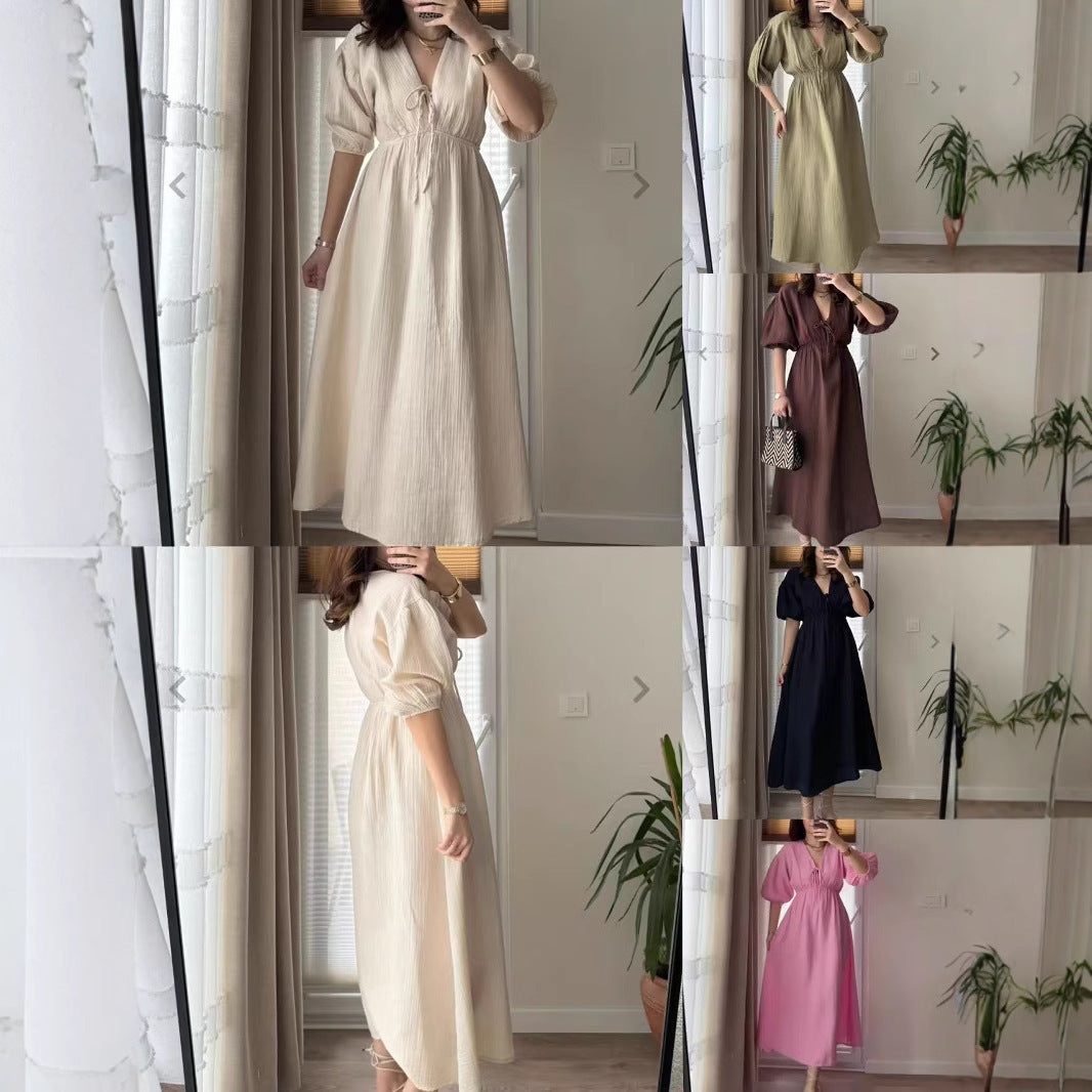 Women's Sweet V-Neck Puff Sleeve Short Dress in Multiple Colors