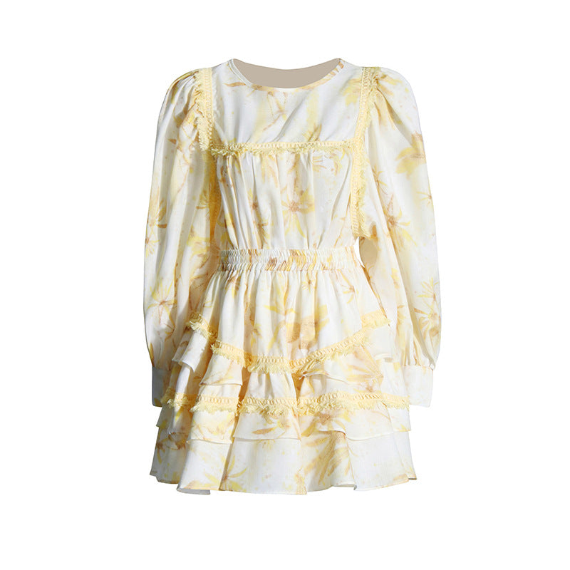 Women’s Fashion Floral Ruffles Skirt Suit with Lantern Sleeves