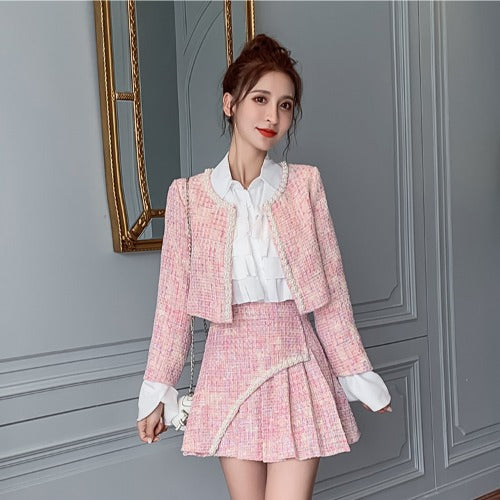 Women's Tweed Jacket Pleated Shirt and Skirt Set