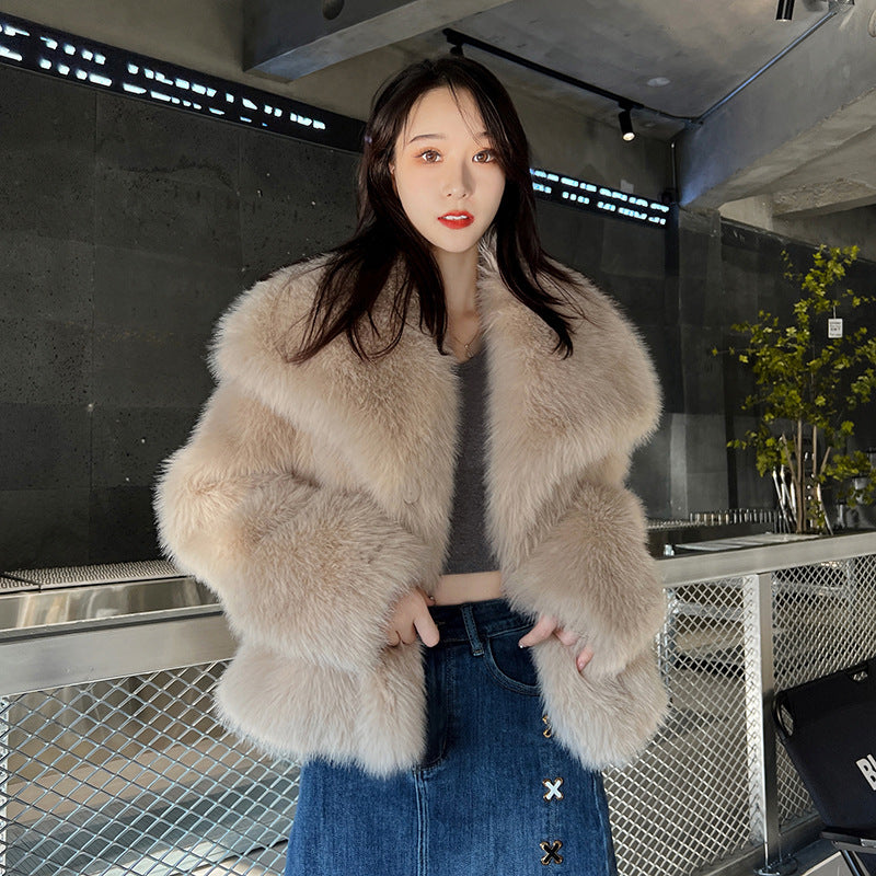 Women's Elegant Large Lapel Faux Fur Warm Coat in Black & Rice Apricot, Sizes S-XL