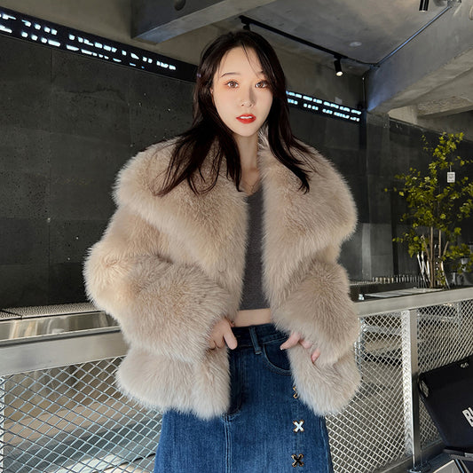 Women's Elegant Large Lapel Faux Fur Warm Coat in Black & Rice Apricot, Sizes S-XL