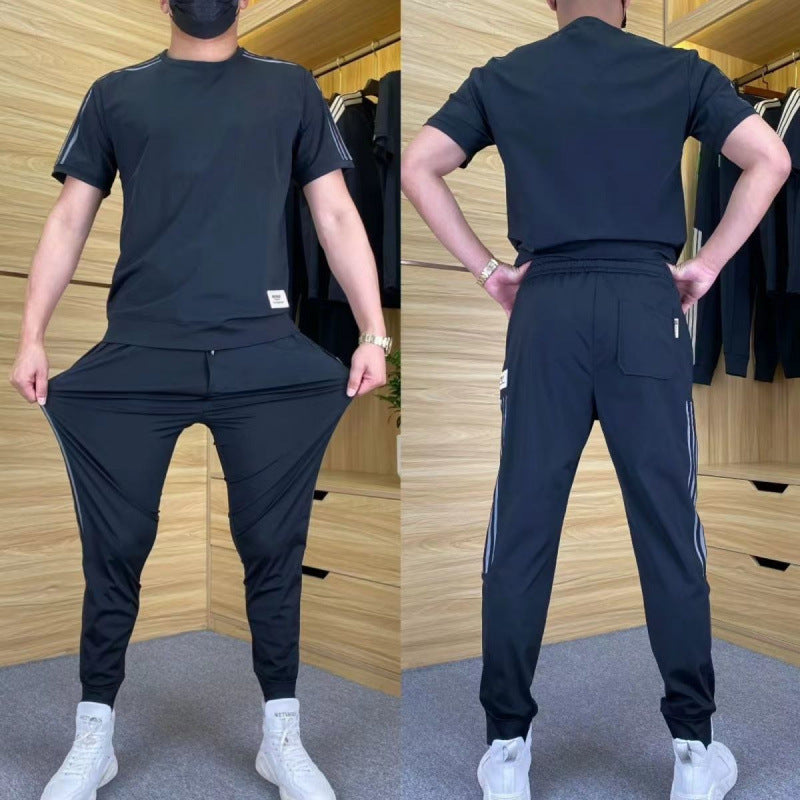 Men's Loose High-Elastic Ice Silk Leisure Suit in Blue, Black, Gray