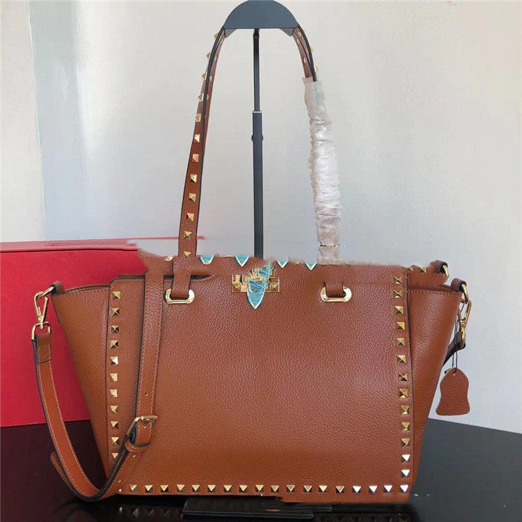 Large Leather Mommy Bag Cowhide Lychee Pattern Single-Shoulder Messenger Bag