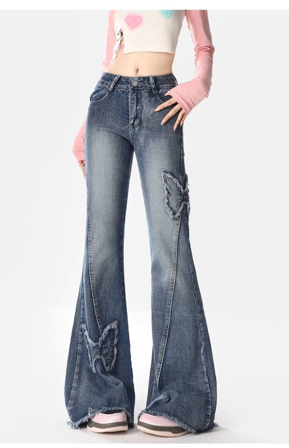 American Retro Butterfly Embroidery Slightly Flared Jeans Women
