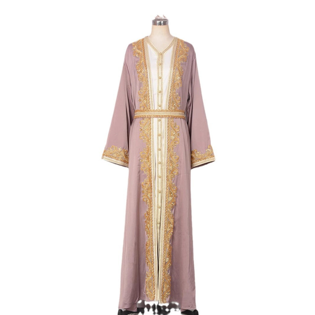 Muslim Women's Beaded Two-Piece Dress Set in Pink, Green & Red, Sizes S-XXL