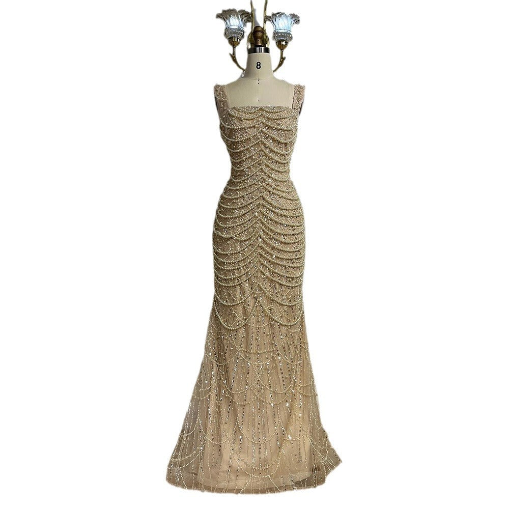 Nude Elegant High-End Pearl Beaded Sling Dress