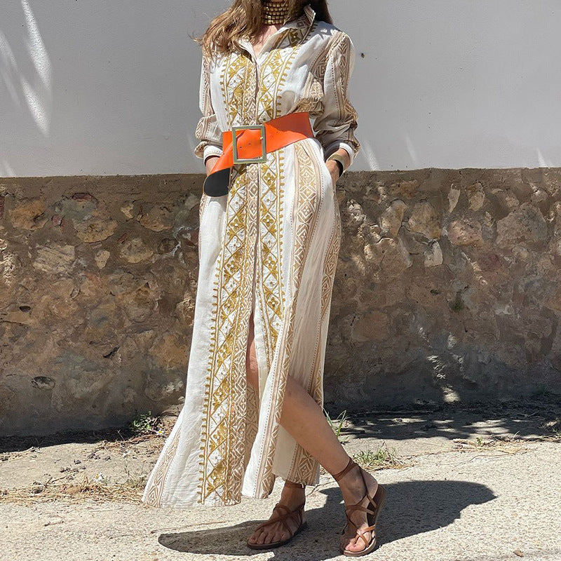 Arabian Fashion Geometric Print Long Sleeve Mid-Length Dress White Polyester