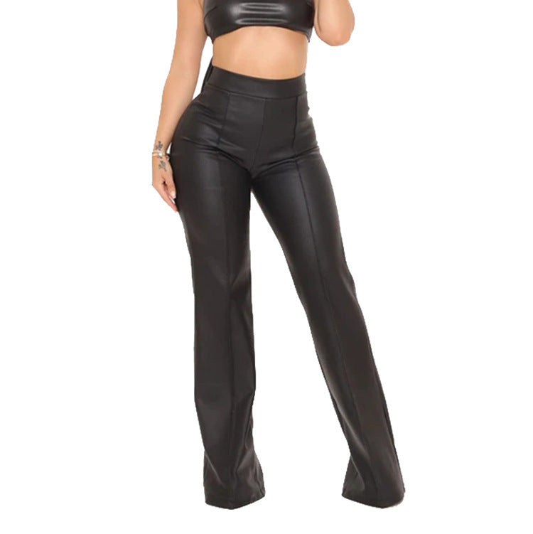 High Waist Loose Black Faux Leather Zipper Pants for Women
